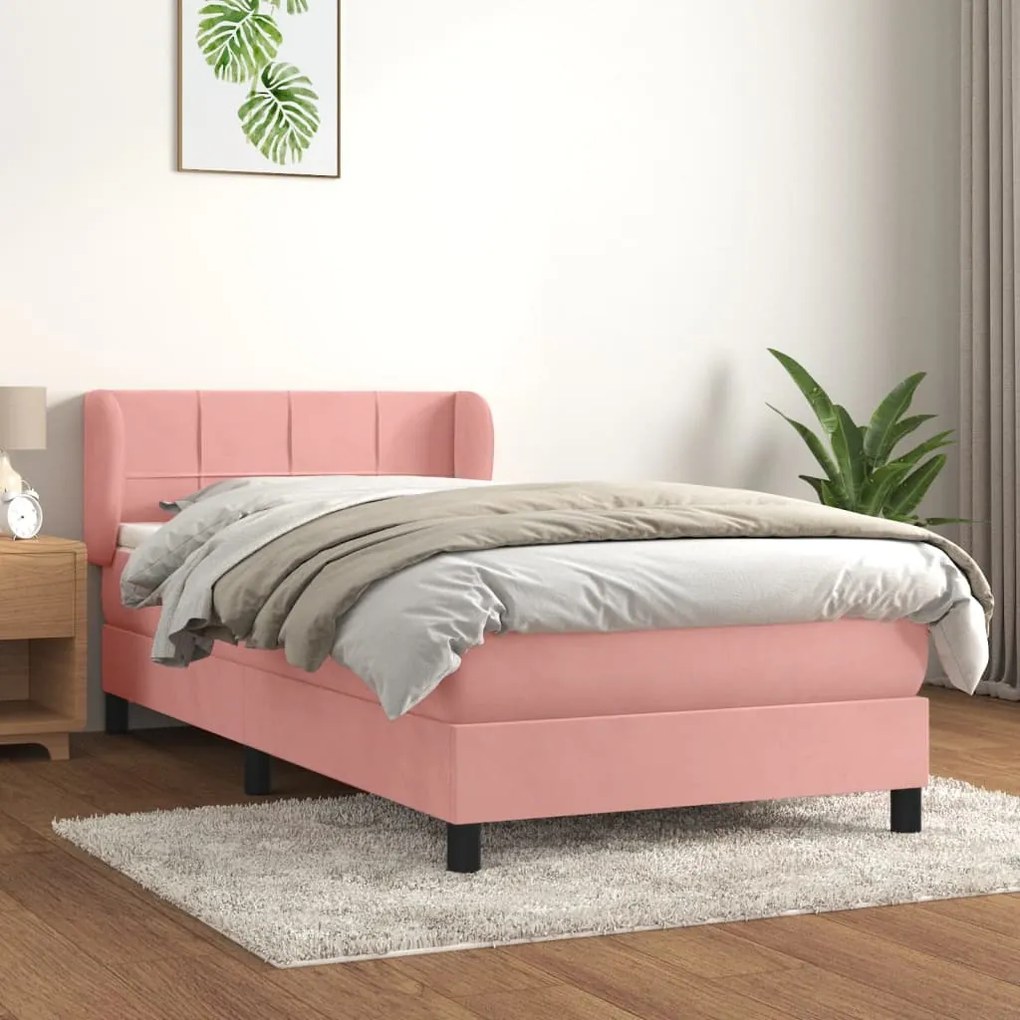 vidaXL Κρεβάτι Boxspring με Στρώμα Ροζ 90x200 εκ. Βελούδινο