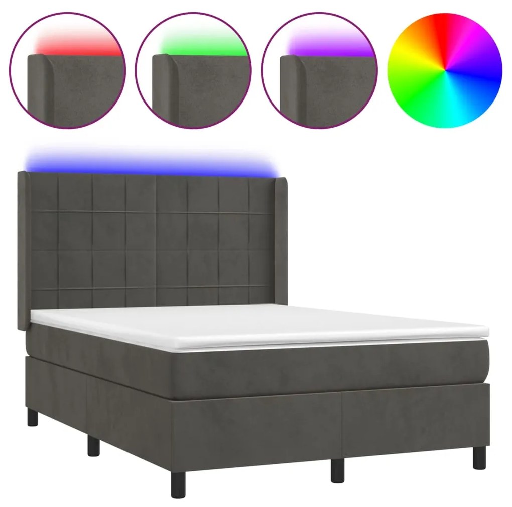 vidaXL Κρεβάτι Boxspring με Στρώμα & LED Σκ. Γκρι 140x200εκ. Βελούδινο