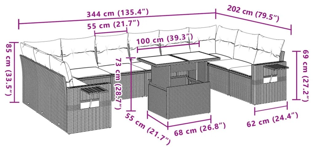 Σαλόνι Κήπου Σετ 11 τεμ. Μπεζ Συνθετικό Ρατάν με Μαξιλάρια - Μπεζ