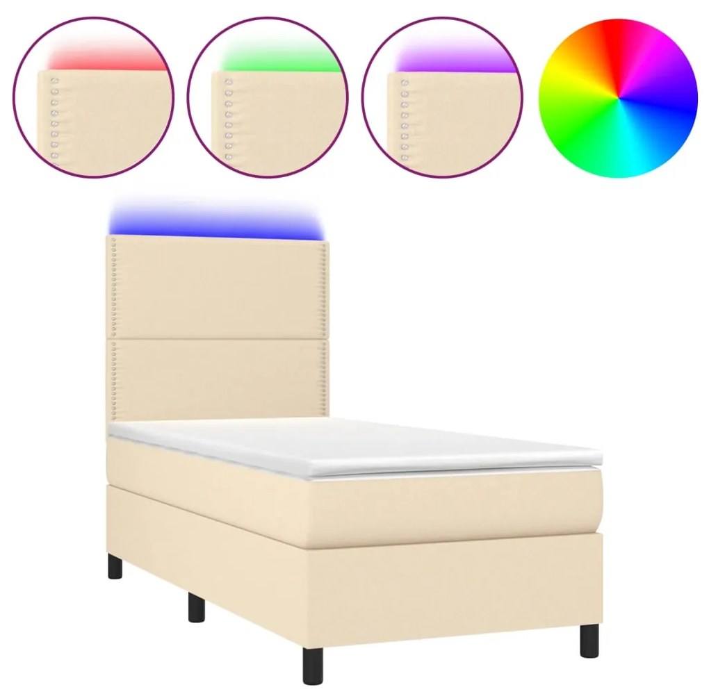 vidaXL Κρεβάτι Boxspring με Στρώμα & LED Κρεμ 90x190 εκ. Υφασμάτινο