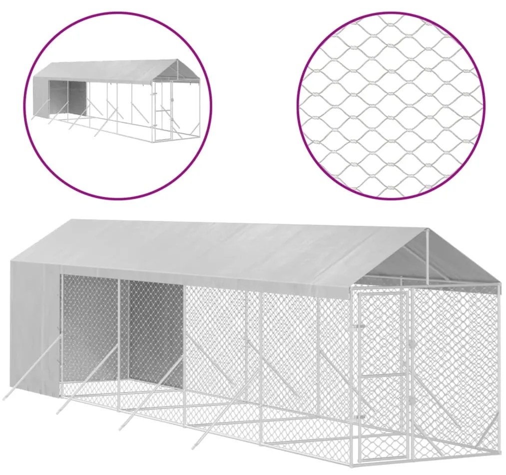vidaXL Κλουβί Σκύλου Εξ. Χώρου με Οροφή Ασημί 2x10x2,5 μ. Γαλβ. Ατσάλι