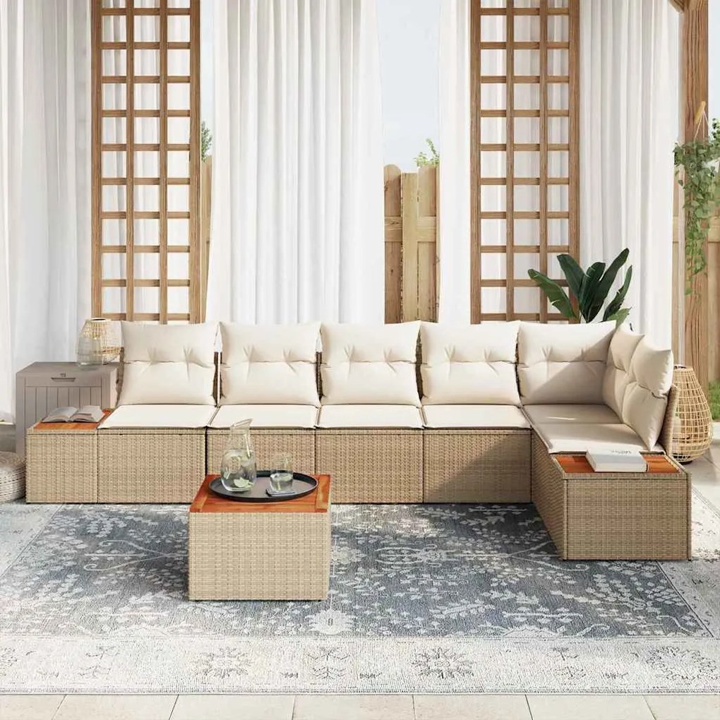 vidaXL Σετ Καναπέ Κήπου με μαξιλάρι 7 pcs Μπεζ Πολυ ράταν