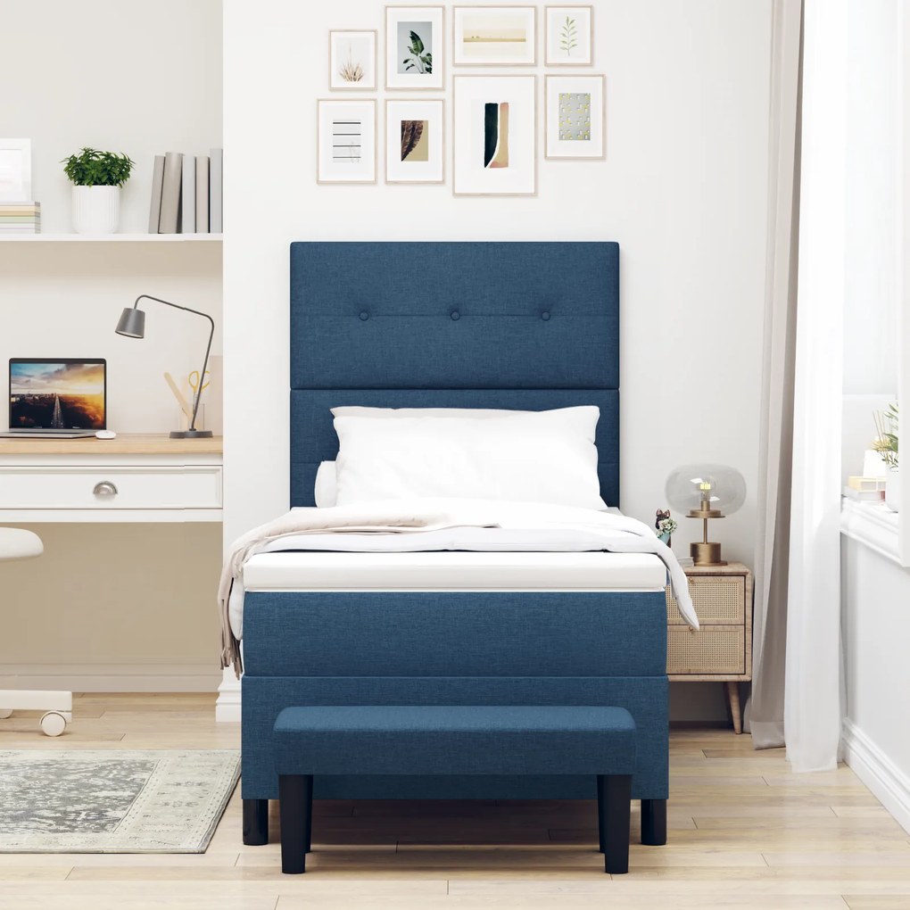 vidaXL Κρεβάτι Box Spring με Στρώμα & Πάγκο Μπλε 90x200 εκ. Ύφασμα