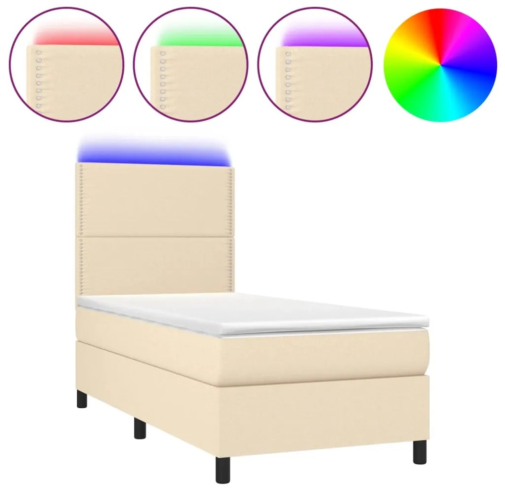 vidaXL Κρεβάτι Boxspring με Στρώμα &amp; LED Κρεμ 90x190 εκ. Υφασμάτινο