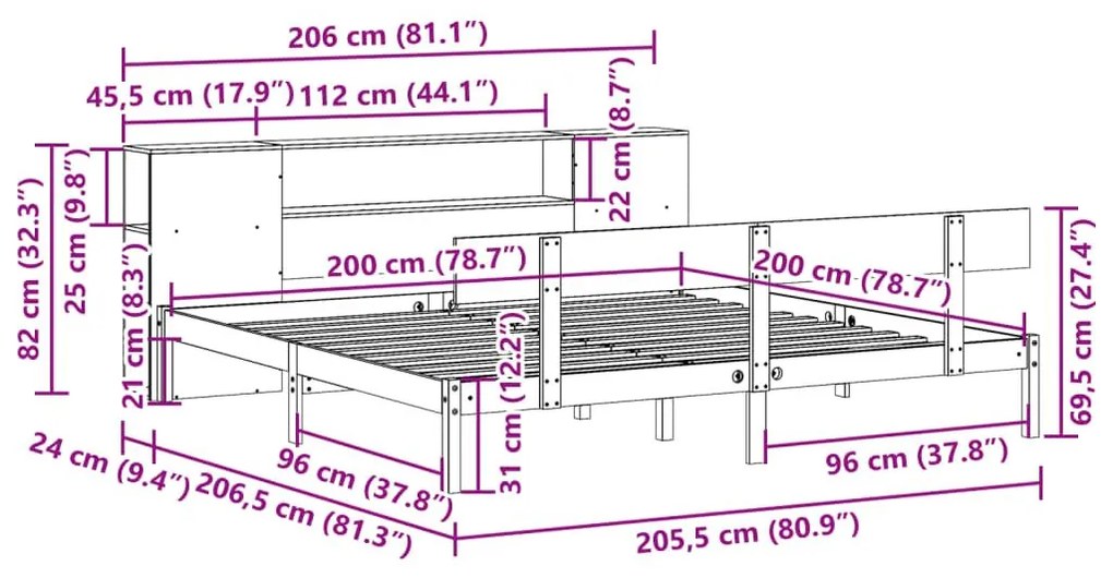 Κρεβάτι Βιβλιοθήκη Χωρίς Στρώμα 200x200 εκ Μασίφ Ξύλο Πεύκου - Λευκό