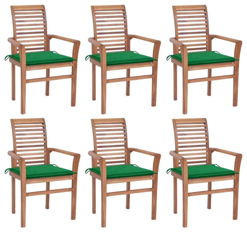 vidaXL Καρέκλες Τραπεζαρίας 6 τεμ. Μασίφ Ξύλο Teak & Πράσινα Μαξιλάρια