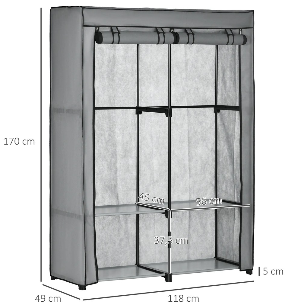 Ντουλάπα από ύφασμα HOMCOM, λύση αποθήκευσης, 4 ράφια, 2 ράβδοι ρούχων, Γκρι