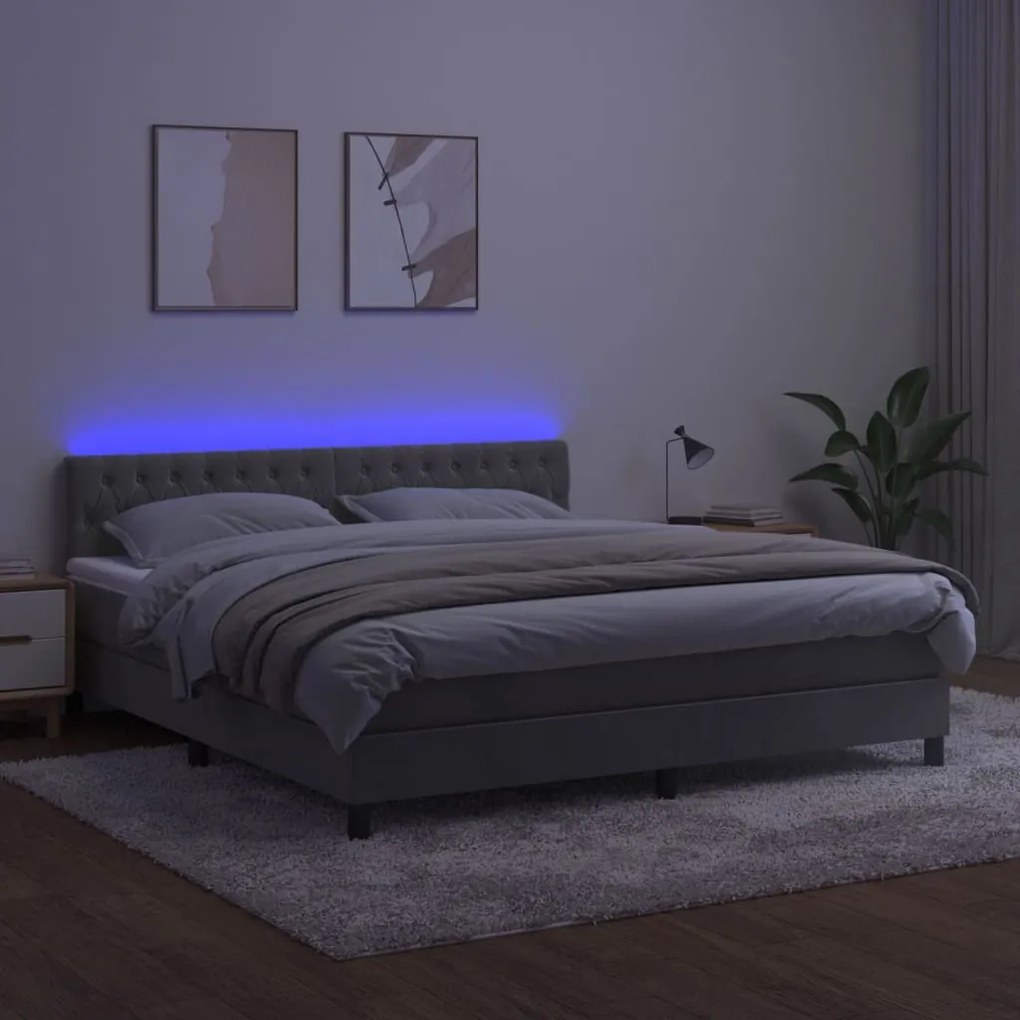 Κρεβάτι Boxspring με Στρώμα &amp; LED Αν.Γκρι 160x200 εκ. Βελούδινο - Γκρι