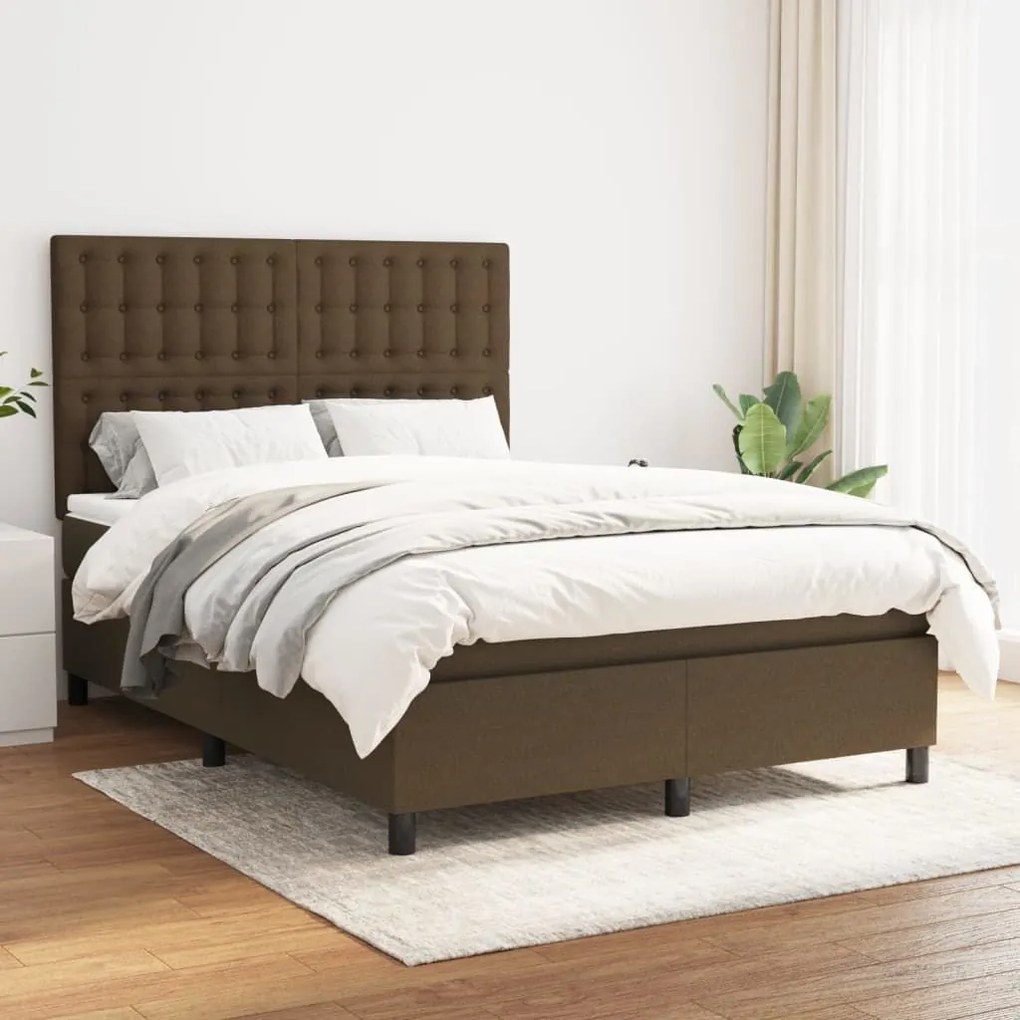 Κρεβάτι Boxspring με Στρώμα Σκούρο Καφέ 140x200 εκ Υφασμάτινο - Καφέ