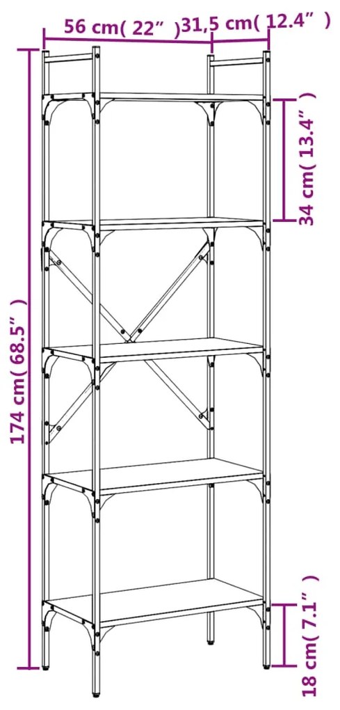 Βιβλιοθήκη 5 Επιπέδων Καφέ Δρυς 56x31,5x174 εκ. Επεξ. Ξύλο - Καφέ