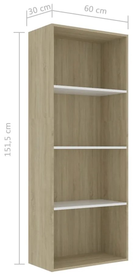 vidaXL Βιβλιοθήκη με 4 Ράφια Λευκό/Sonoma 60x30x151,5 εκ. Μοριοσανίδα