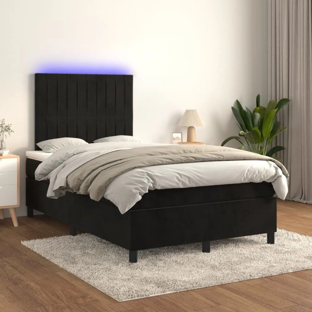 Κρεβάτι Boxspring με Στρώμα &amp; LED Μαύρο 120x190 εκ. Βελούδινο - Μαύρο