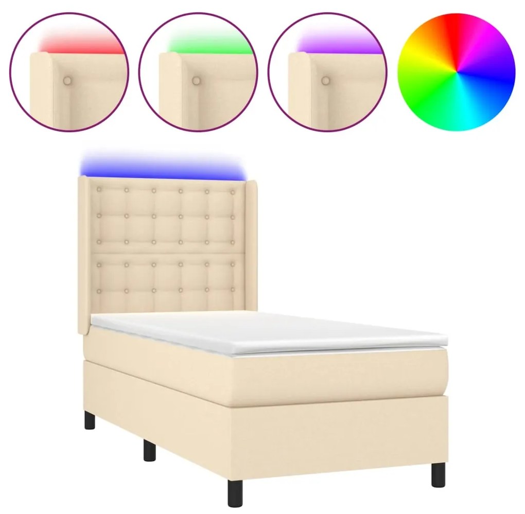 Κρεβάτι Boxspring με Στρώμα &amp; LED Κρεμ 90x190 εκ. Υφασμάτινο - Κρεμ