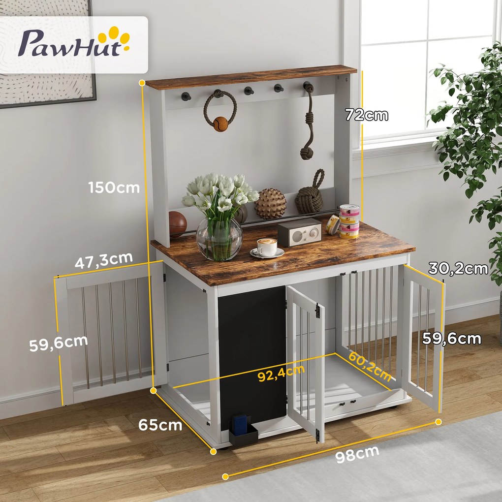 PawHut Κλουβί σκύλου με ράφι αποθήκευσης για παιχνίδια, γάντζους για λουριά, πίνακα γραφής, σβήστρα, για μεγάλους σκύλους, Λευκό