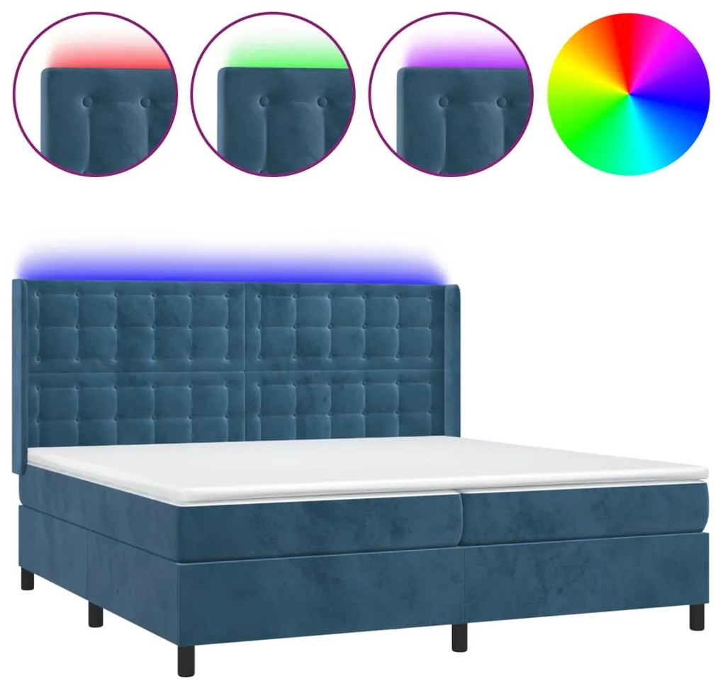 Κρεβάτι Boxspring με Στρώμα &amp; LED Σκ. Μπλε 200x200εκ. Βελούδινο - Μπλε