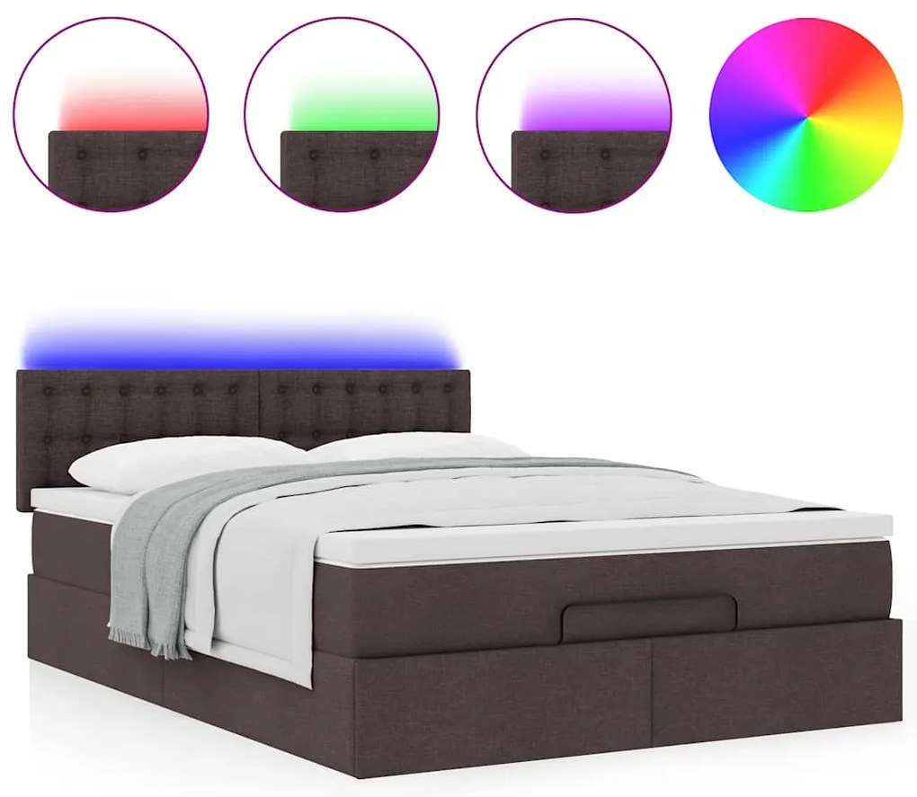 vidaXL Οθωμανικό κρεβάτι με στρώμα & LEDs Σκούρο καφέ 140x200cm ύφασμα