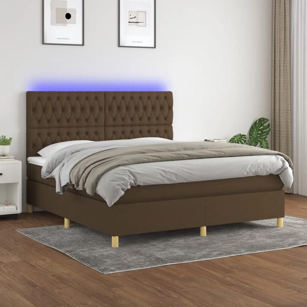 vidaXL Κρεβάτι Boxspring με Στρώμα & LED Σκ.Καφέ 180x200εκ. Υφασμάτινο