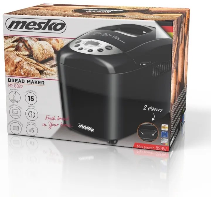 Mesko MS 6022 αρτοπαρασκευαστής, 1/1,5 kg, 850 W, 15 προγράμματα, οθόνη LCD, διπλός αναδευτήρας, κινητό καλάθι, Μαύρο