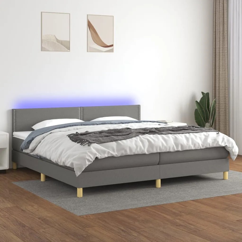 3133662 vidaXL Κρεβάτι Boxspring με Στρώμα &amp; LED Σκ.Γκρι 200x200εκ. Υφασμάτινο Γκρι, 1 Τεμάχιο