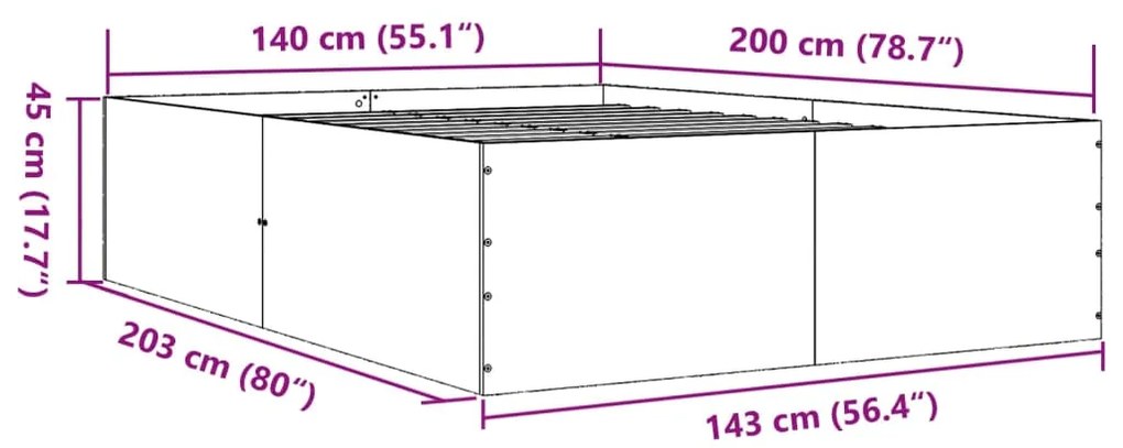 Πλαίσιο Κρεβατιού Γκρι Σκυροδέματος 140x200 εκ. Επεξεργ. Ξύλο - Γκρι