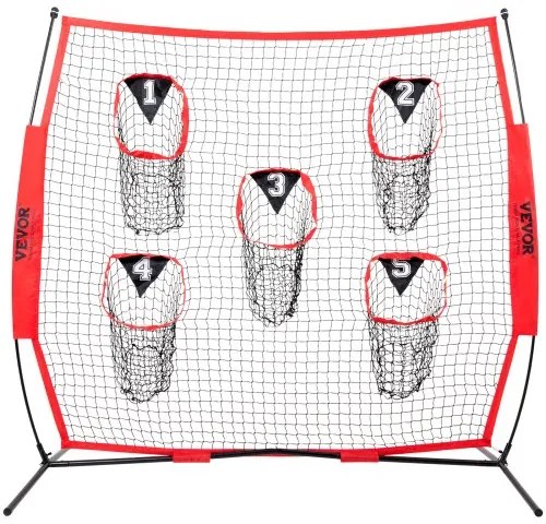 VEVOR 7 x 7 ft Football Trainer Throwing Net, Training Throwing Target Practice Net with 5 Target Pockets, Knotless Net Includes Bow Frame and Portable Carry Case, Improve QB Throwing Accuracy, Red