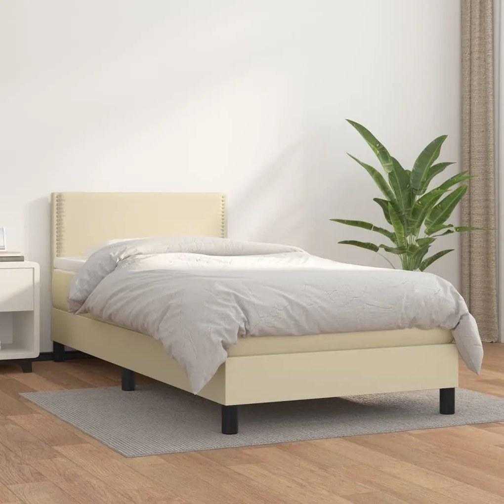 Κρεβάτι Boxspring με Στρώμα Κρεμ 100x200εκ. από Συνθετικό Δέρμα - Κρεμ