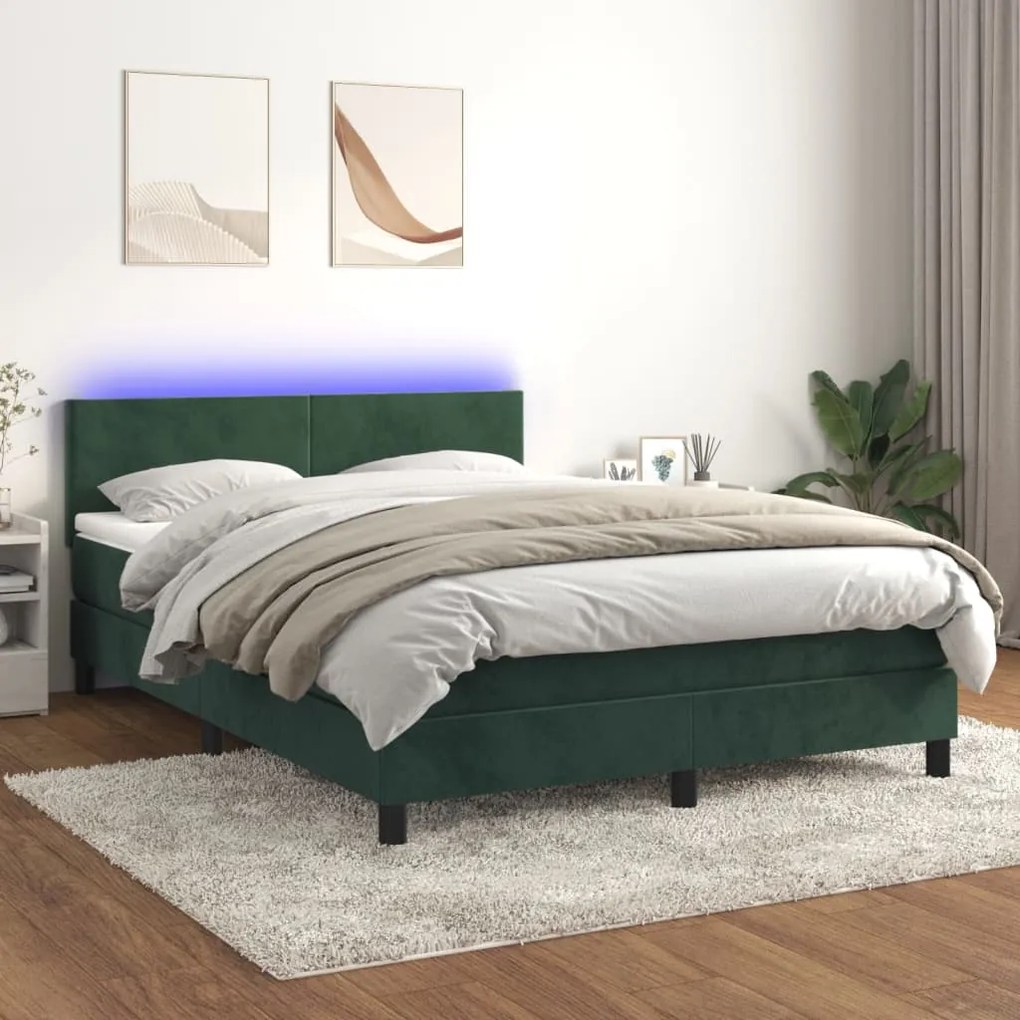 Κρεβάτι Boxspring με Στρώμα &amp; LED Σκ. Πράσινο 140x200εκ Βελούδο - Πράσινο