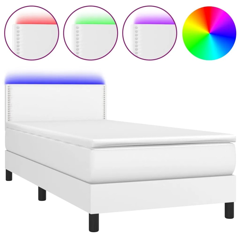 Κρεβάτι Boxspring με Στρώμα &amp; LED Λευκό 90x190 εκ. Συνθ. Δέρμα - Λευκό