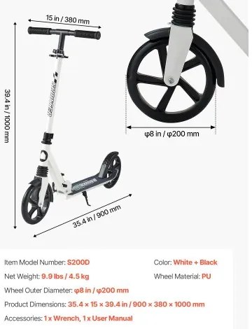 VEVOR Kick Scooter for Kids Ages 8+, Teens &amp; Adults, 2-Wheel Toddler Scooter with Adjustable Height Handlebar, Wide Anti-Slip Deck, Foldable Lightweight for Boys &amp; Girls up to 99.8 kg, White + Black