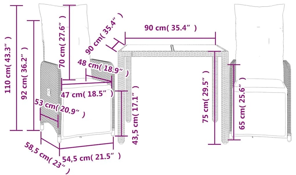 vidaXL Σετ Επίπλων Bistro Κήπου 3 τεμ Μαύρο Συνθετ. Ρατάν με Μαξιλάρια