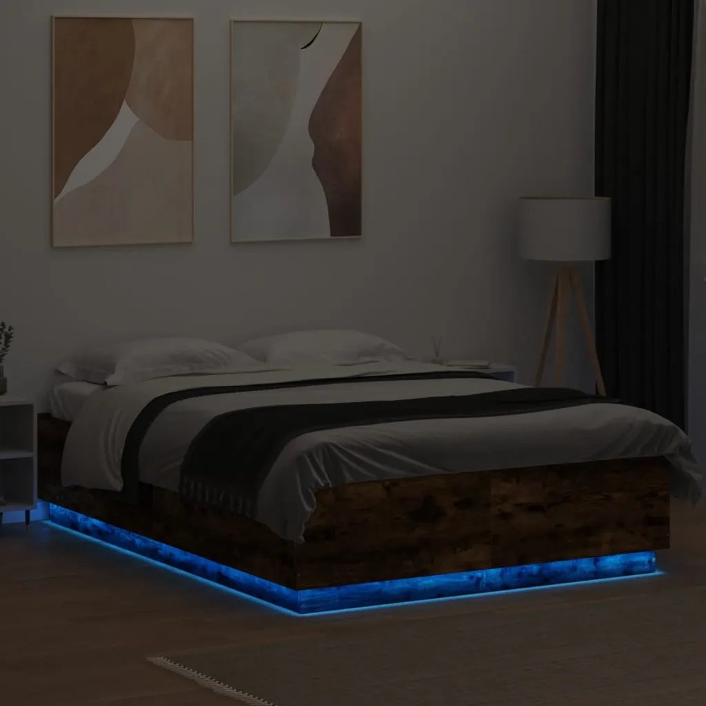 vidaXL Πλαίσιο Κρεβατιού Φώτα LED Καπνιστή Δρυς 140x200 εκ.Επεξ. Ξύλο