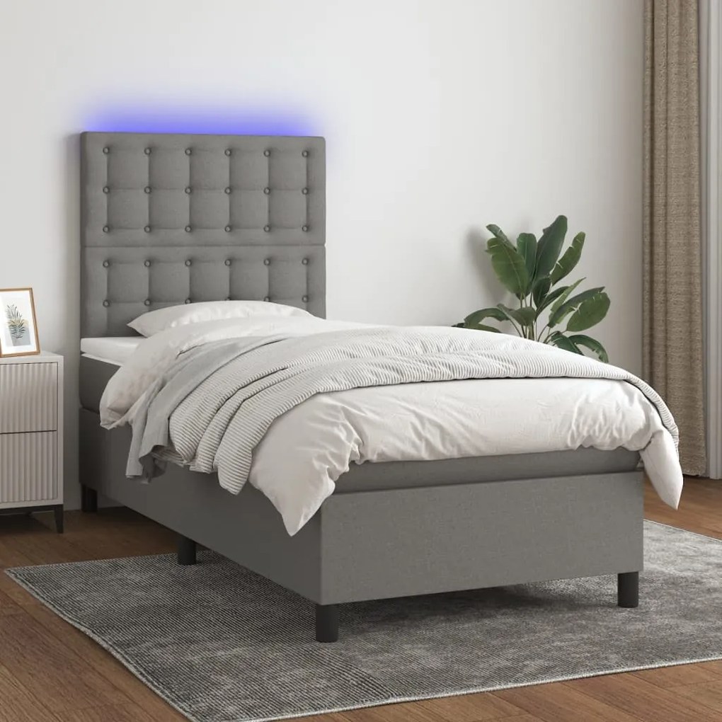 Κρεβάτι Boxspring με Στρώμα & LED Σκ.Γκρι 90x190 εκ. Υφασμάτινο