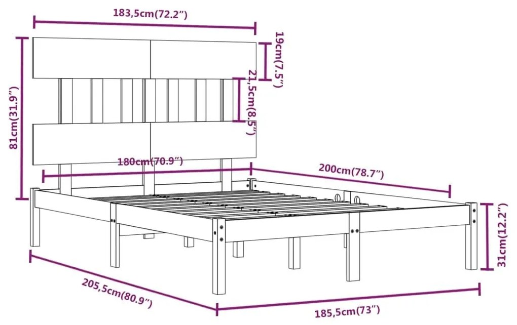 Πλαίσιο Κρεβατιού Γκρι 180 x 200 εκ Ξύλο Πεύκου Super King - Γκρι