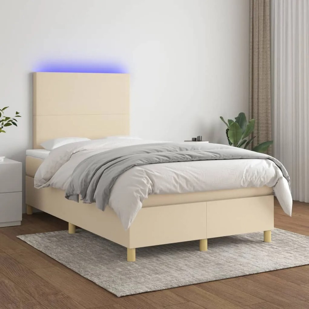 Κρεβάτι Boxspring με Στρώμα &amp; LED Κρεμ 120x200 εκ. Υφασμάτινο - Κρεμ