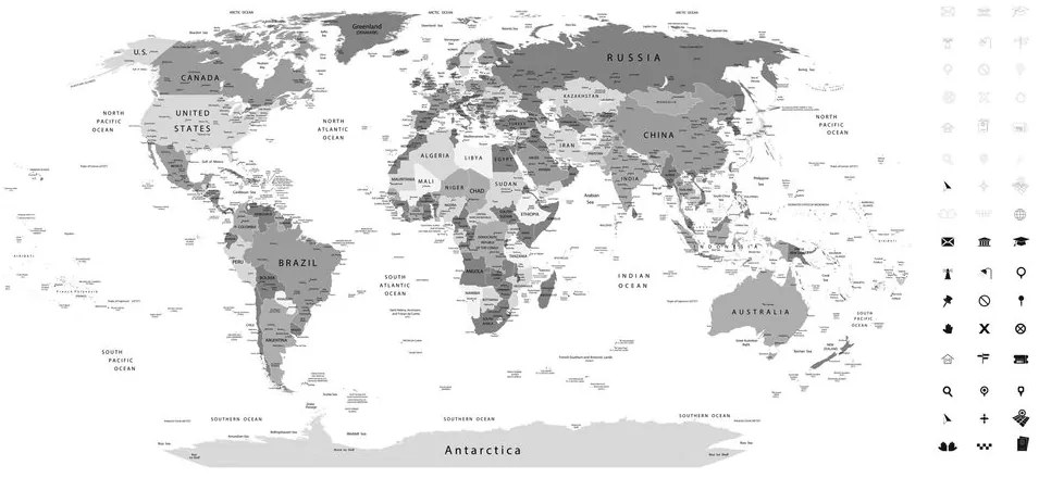 Εικόνα σε φελλό λεπτομερής παγκόσμιος χάρτης σε ασπρόμαυρο σχέδιο - 120x60  wooden