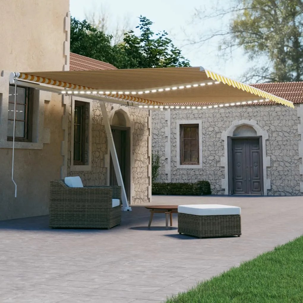 vidaXL Τέντα Αυτόματη με LED &amp; Αισθ. Ανέμου Κίτρινο/Λευκό 500x300 εκ.