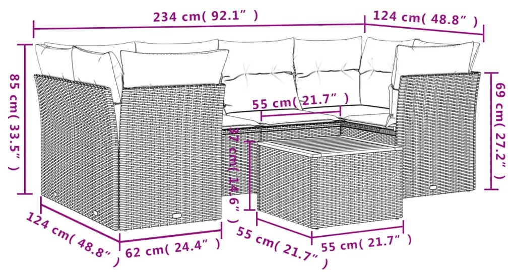 vidaXL Καναπές Σετ 7 Τεμαχίων Μαύρο Συνθετικό Ρατάν με Μαξιλάρια