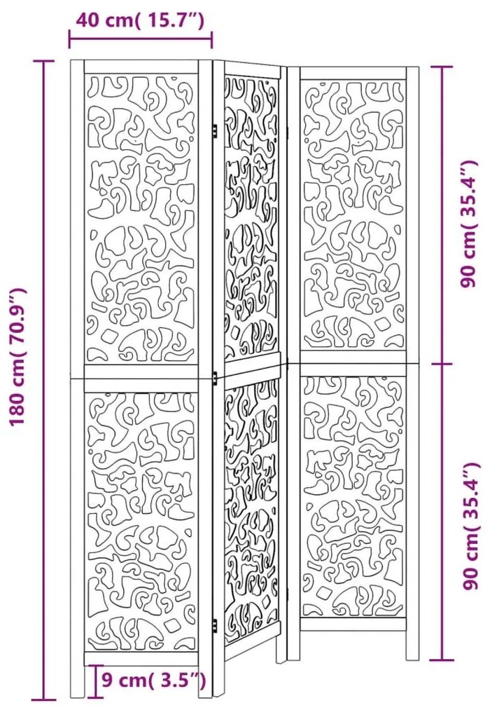 Διαχωριστικό Χώρου με 3 Πάνελ Μαύρο από Μασίφ Ξύλο Παυλώνιας - Μαύρο