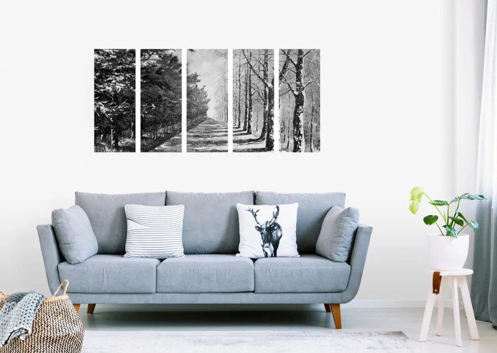 Εικόνα 5 τμημάτων φθινοπωρινό δρομάκι με δέντρα σε μαύρο & άσπρο - 100x50