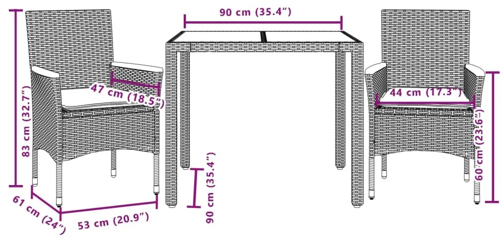 vidaXL Σετ Τραπεζαρίας Κήπου 3τεμ. Μαύρο Συνθ.Ρατάν/Γυαλί με Μαξιλάρια