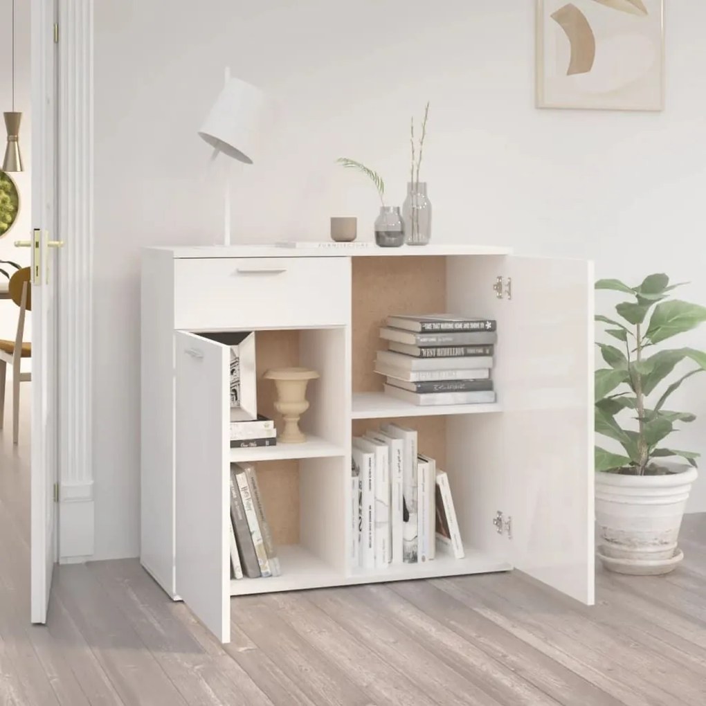 Ντουλάπι με Συρτάρι Γυαλιστερό Λευκό 80x36x75 εκ. Επεξ. Ξύλο - Λευκό