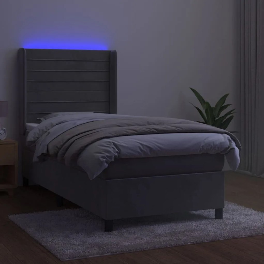 vidaXL Κρεβάτι Boxspring με Στρώμα & LED Αν.Γκρι 90x190 εκ. Βελούδινο