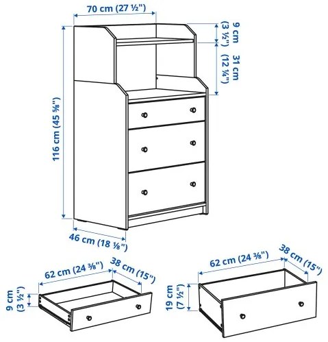 HAUGA συρταριέρα με 3 συρτάρια και ράφι, 70x116 cm 204.569.04
