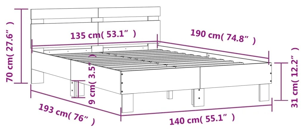 Πλαίσιο Κρεβατιού με Κεφαλάρι Sonoma Δρυς 135x190εκ. Επεξ. Ξύλο - Καφέ