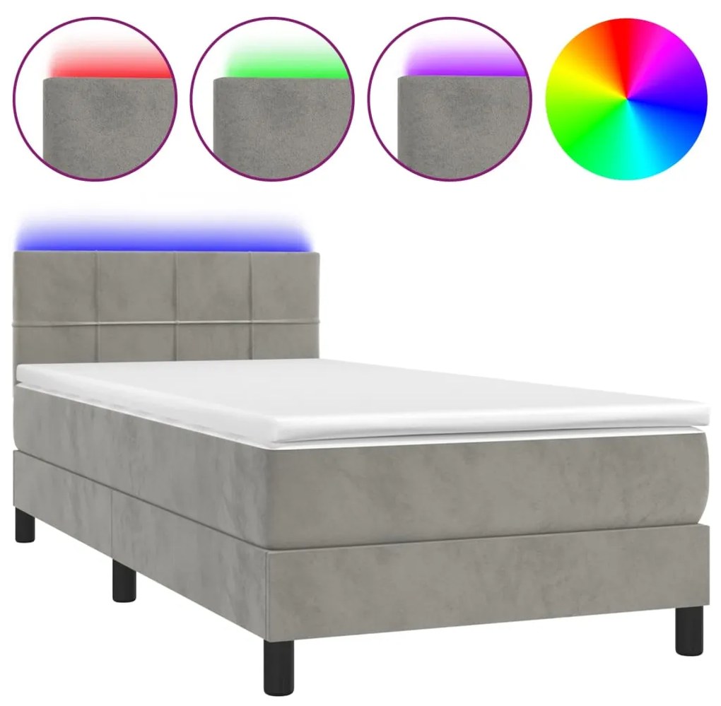 Κρεβάτι Boxspring με Στρώμα &amp; LED Αν.Γκρι 80x200 εκ. Βελούδινο - Γκρι