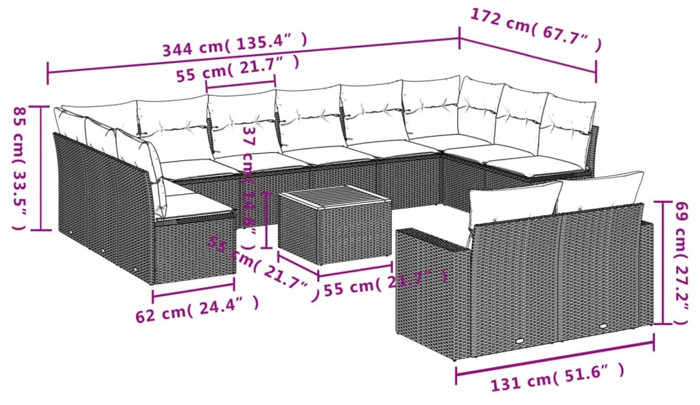 vidaXL Σετ Καναπέ Κήπου 13τεμ Μπεζ Συνθ. Ρατάν με Μαξιλάρια