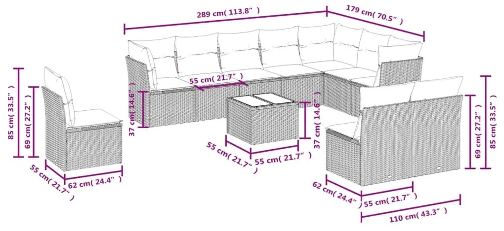 vidaXL Σαλόνι Κήπου Σετ 11 Τεμαχίων Μαύρο Συνθετικό Ρατάν με Μαξιλάρια