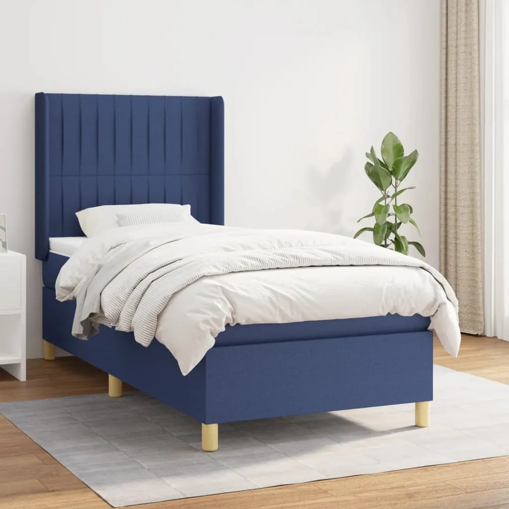 vidaXL Κρεβάτι Boxspring με Στρώμα Μπλε 90x200 εκ.Υφασμάτινο