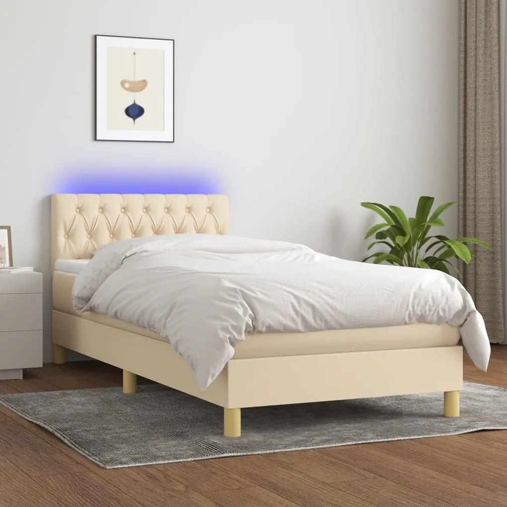 Κρεβάτι Boxspring με Στρώμα &amp; LED Κρεμ 90x200 εκ. Υφασμάτινο