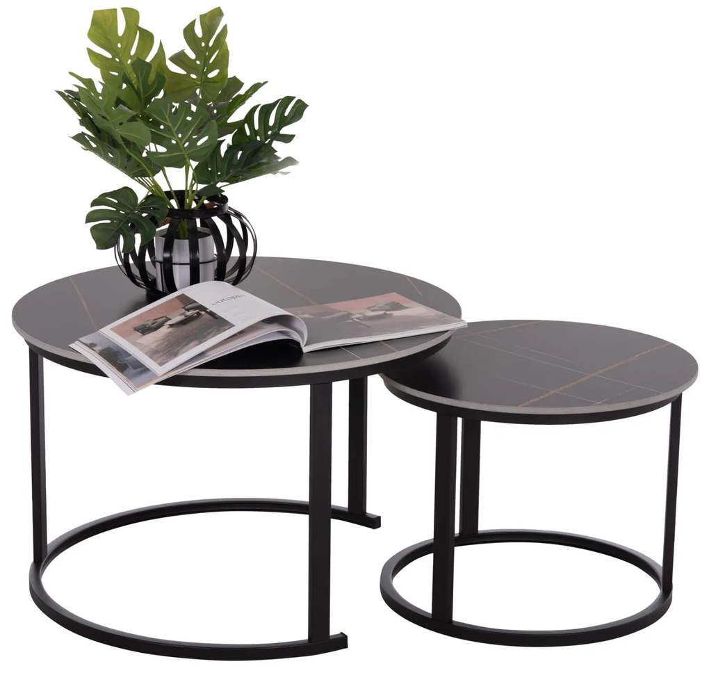 Τραπεζάκια σαλονιού TALOS Σετ 2 τμχ. Κεραμικό TOP με Όψη Μαύρου Μαρμάρου Φ70 + Φ50εκ. 70x70x45.5 εκ.